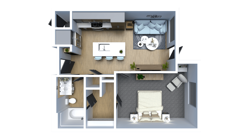 a 3d rendering of a bedroom with a bathroom and a living room